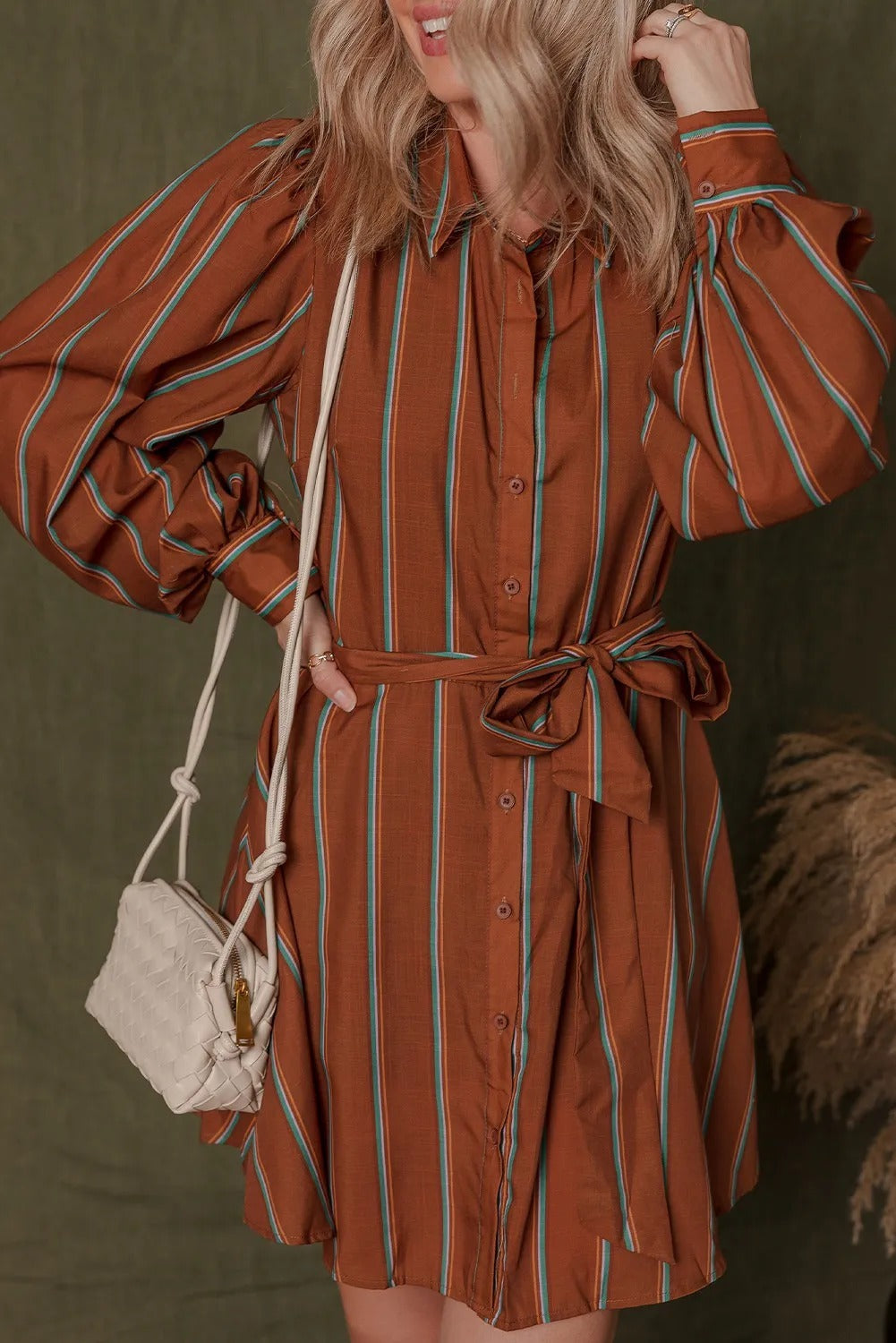 Cinnamon Long Puff Sleeve Belted Mini Shirt Dress