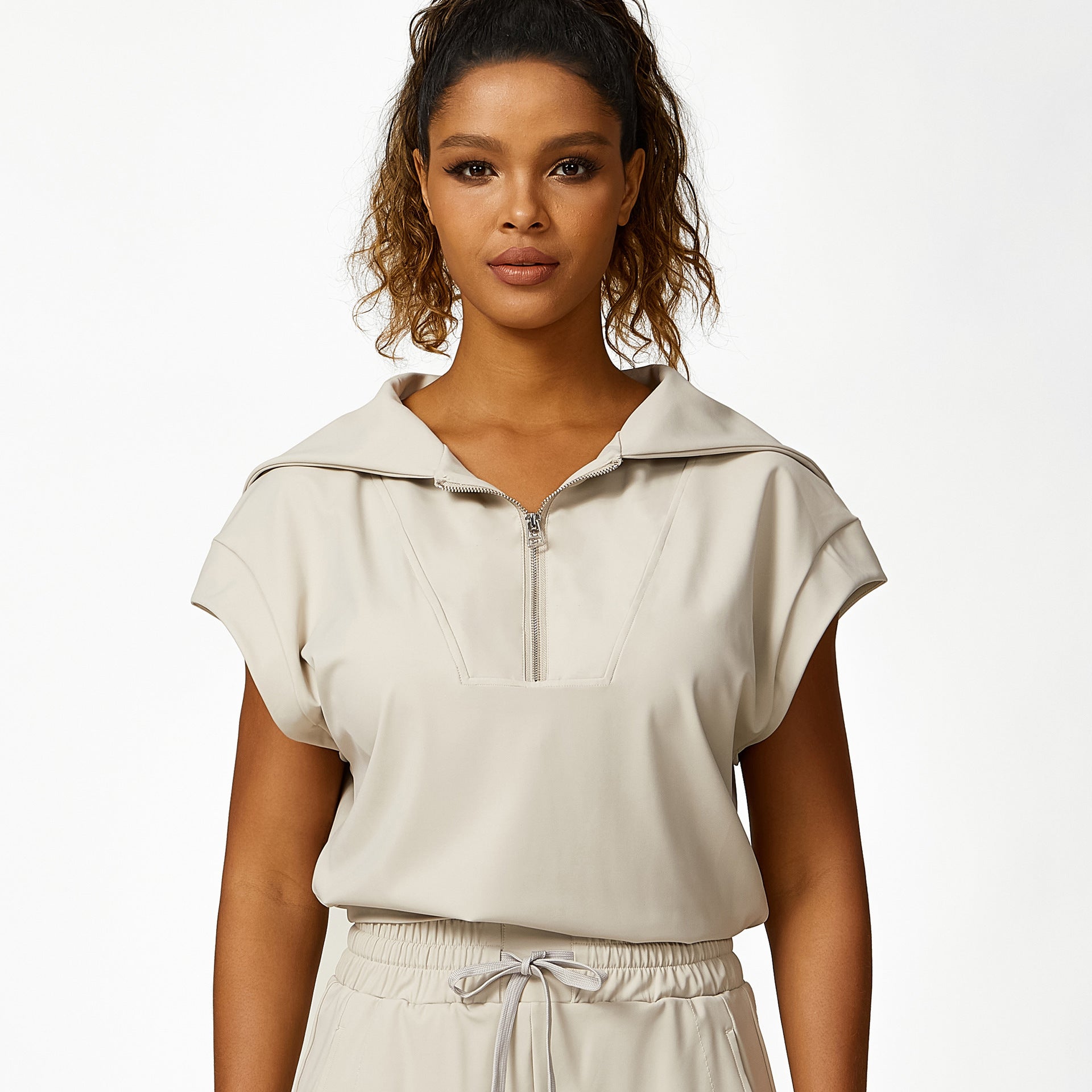 Loose Half Zipper And Lapel Sleeveless Top Casual Trousers Lace-up Shorts Three-piece Set
