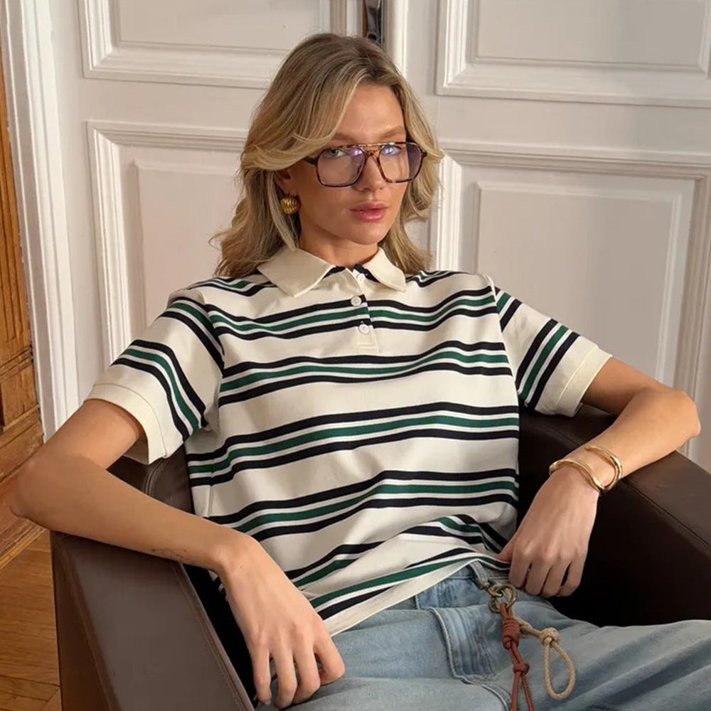 Striped Short-sleeved T-shirt Retro Contrast Color Polo Shirt
