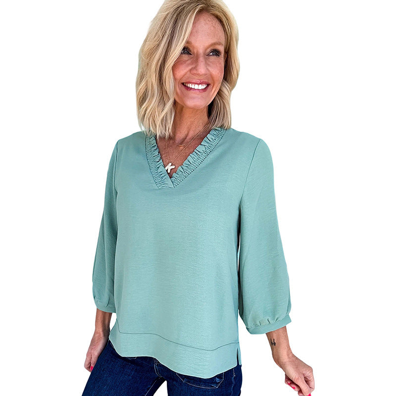 Solid Color And V-neck Women's Loose Casual Chiffon Shirt Top