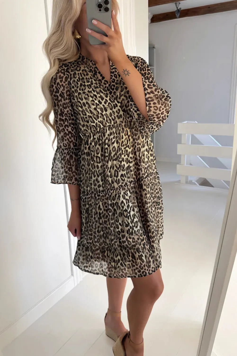 Khaki Leopard Sleeve V Neck Swing Dress