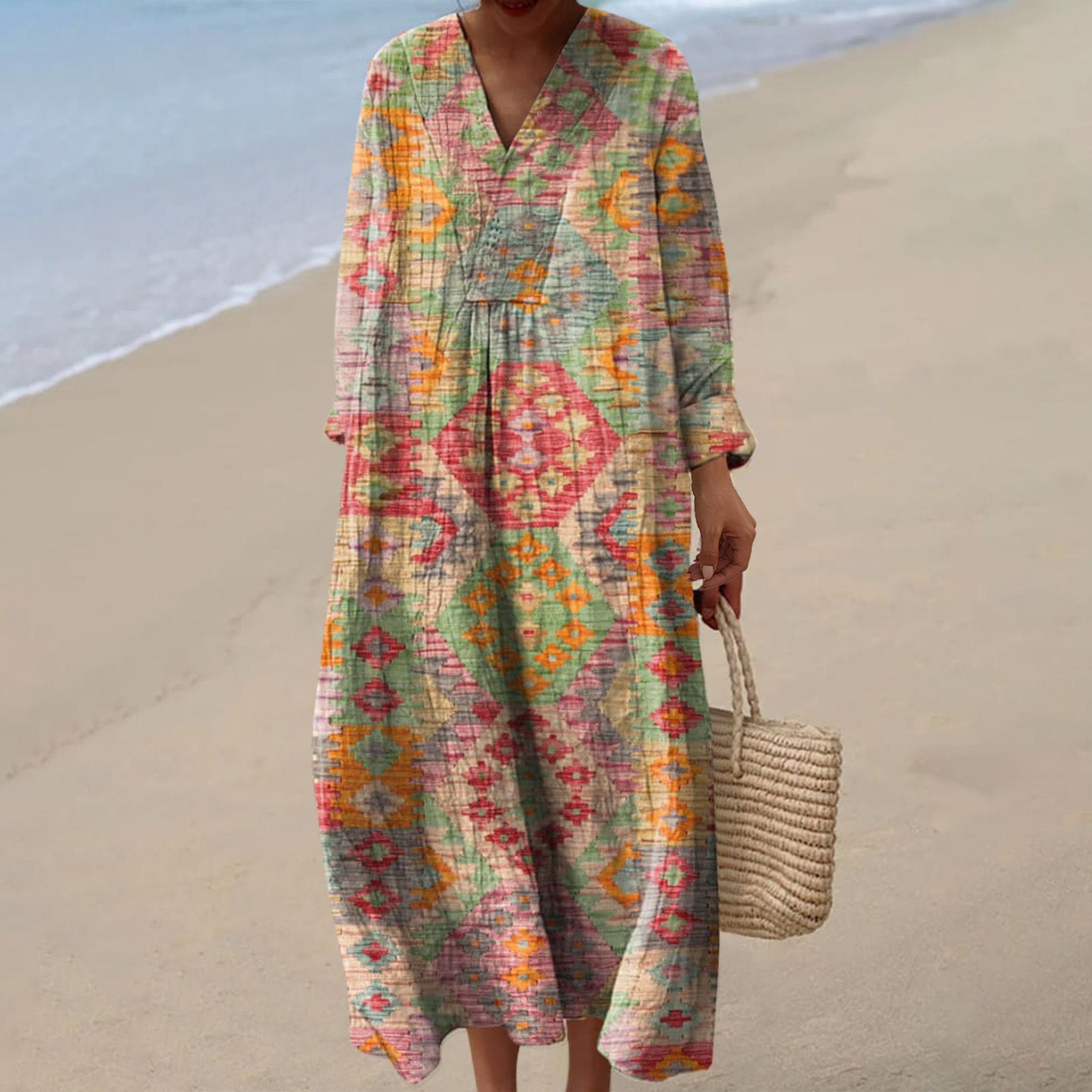 Women's Casual 3D Printed Floral Print Sleeved Long Dress