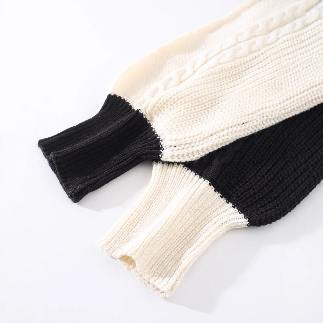 Plus Size Women's Black And White Contrast Color V-neck Long-sleeve Knitwear Top