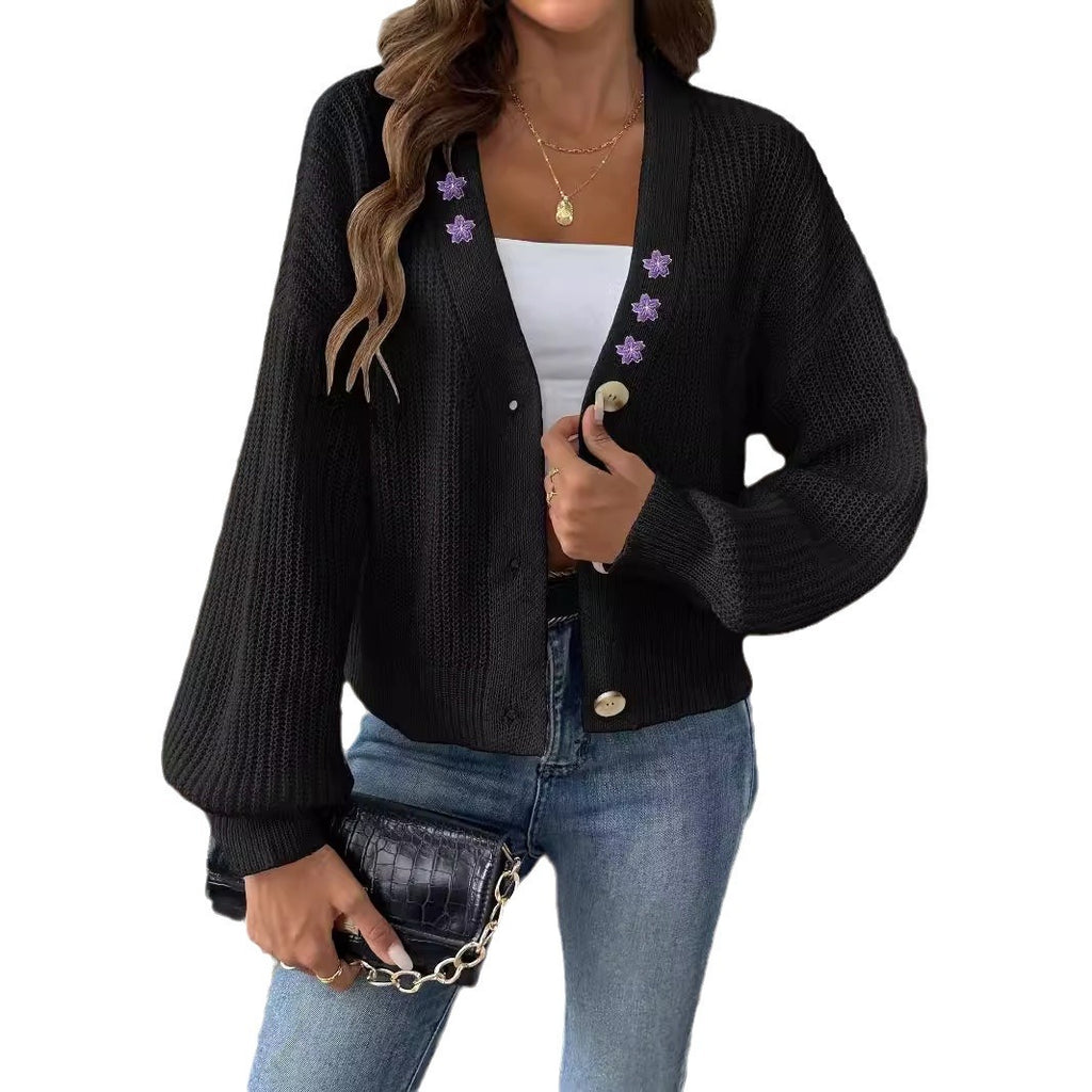 Embroidered Stickers Short Button Coat Sweater Cardigan