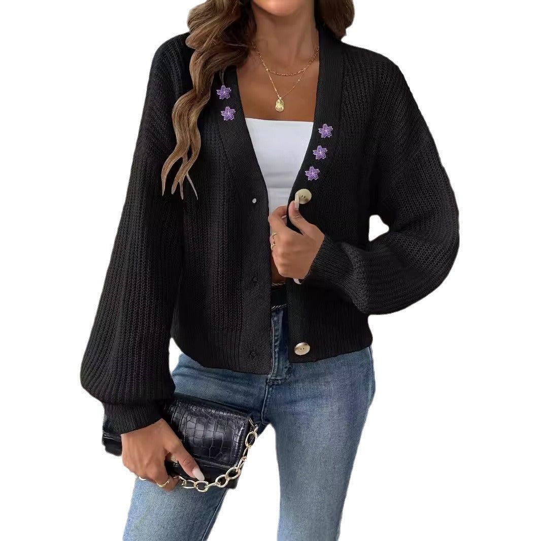 Embroidered Stickers Short Button Coat Sweater Cardigan