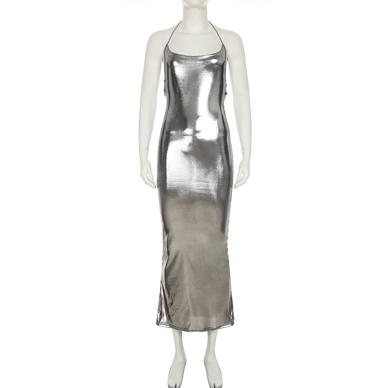 Female Liquid Large Backless Shiny Suspender Dress