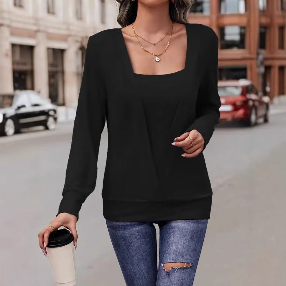 Solid Color Square Collar Pullover Loose-fitting Long Sleeves